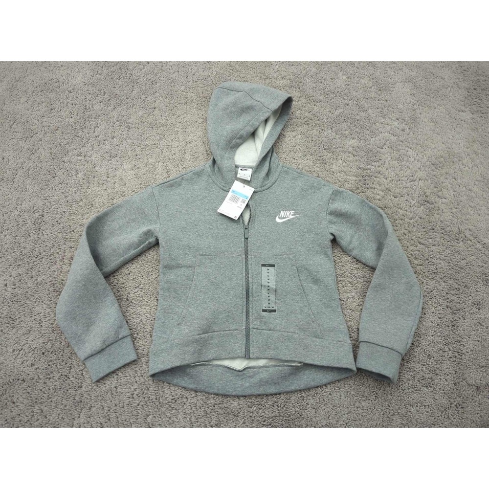 Nike Kids Hoodie Youth Girls Medium Gray Full Zip Sweatshirt Logo Swoosh‎ NWT